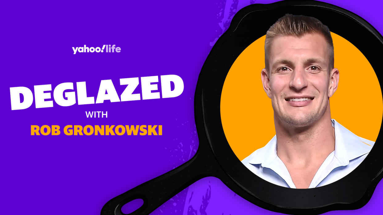 Rob Gronkowski says his go-to meal when watching a sporting event at a stadium is a cheeseburger and fries. (Photo: Getty; designed by Zana Kaba)