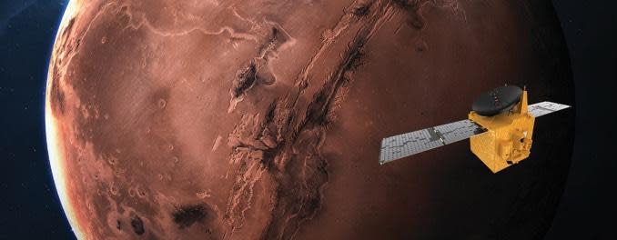 An artist's impression of the UAE Hope spacecraft in orbit around Mars. / Credit: UAE Space Agency