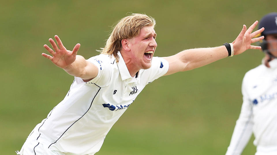 Will Sutherland is seen here playing Sheffield Shield cricket for Victoria.