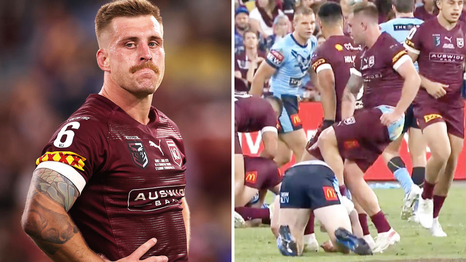 Cameron Munster has escaped with a fine after kicking Blues rival Liam Martin during State of Origin on Wednesday night. Pictures: Getty Images/Fox Sports