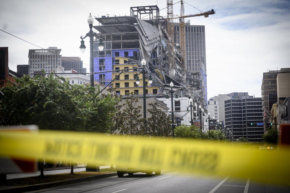 The Hard Rock Hotel partially collapsed onto Canal Street downtown New Orleans, Louisiana on October 12, 2019. - One person was killed and three others were missing after a part of the Hard Rock Hotel collapsed without warning on Saturday morning. (Photo by Emily Kask / 30238387A / AFP) (Photo by EMILY KASK/30238387A /AFP via Getty Images)