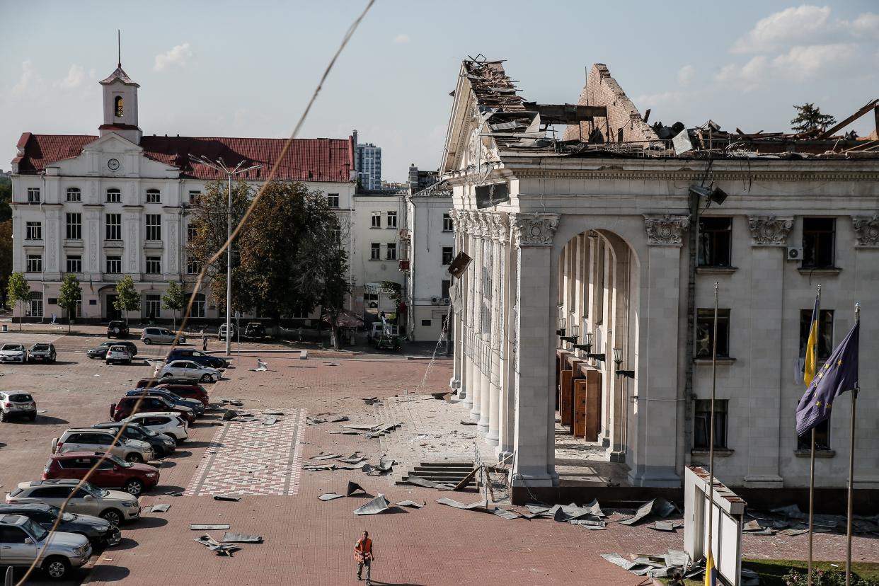 The scene of a missile hit at the Drama Theatre in central Chernihiv (EPA)