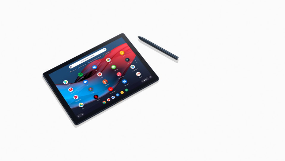 Pixel Slate on a white background next to a stylus