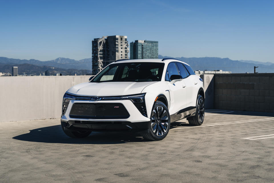 This photo provided by Edmunds shows the 2024 Chevrolet Blazer EV. An all-new fully electric model, the Blazer EV is easy to drive and comfortable but not a particularly good value. (Ryan Greger/Edmunds via AP)