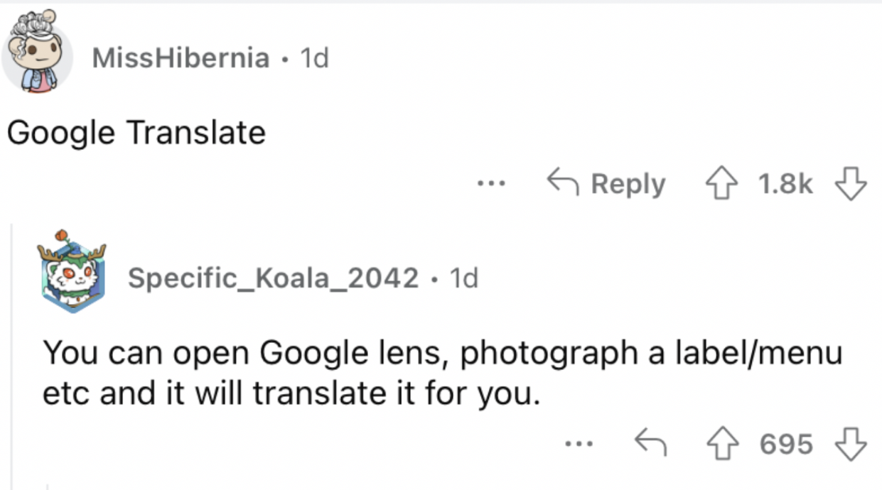 Reddit screenshot about how Google Translate is a great app.
