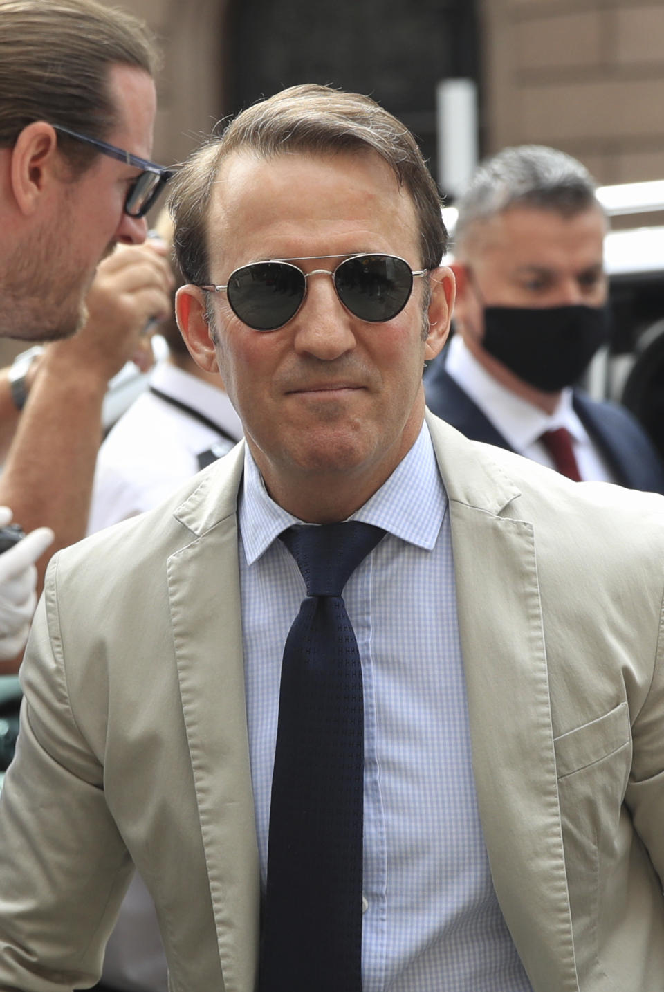 Actor Johnny Depp's US attorney Adam Waldman arrives at the High Court for a hearing in his libel case, in London, Friday, July 24, 2020. Depp is suing News Group Newspapers, publisher of The Sun, and the paper's executive editor, Dan Wootton, over an April 2018 article that called him a "wife-beater." The Sun's defense relies on a total of 14 allegations by his ex-wife, actress Amber Heard of Depp's violence. He strongly denies all of them. (Aaron Chown/PA via AP)