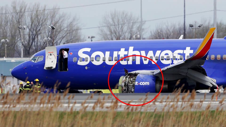 Images taken at Philadelphia International Airport show the blown engine. Source: AP