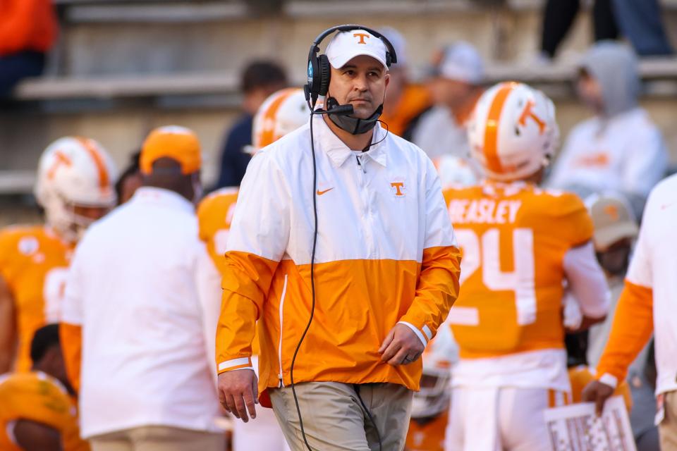 Tennessee coach Jeremy Pruitt watches his team during its game against Florida in Knoxville, Tenn., Saturday, Dec. 5, 2020.