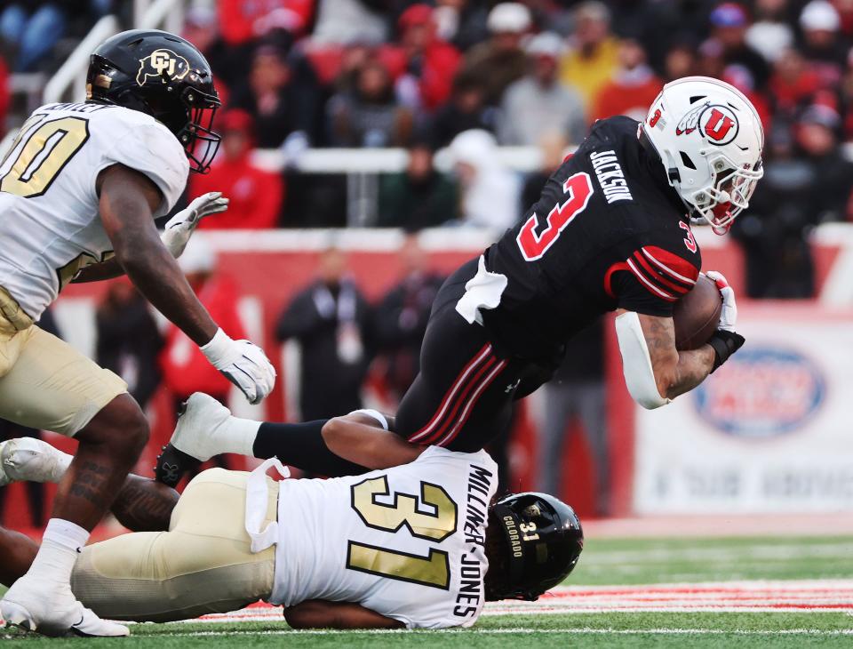 Utah Utes running back Ja’Quinden Jackson (3) runs against Colorado Buffaloes safety Jaden Milliner-Jones (31) in Salt Lake City on Saturday, Nov. 25, 2023. Utah won 23-17. | Jeffrey D. Allred, Deseret News