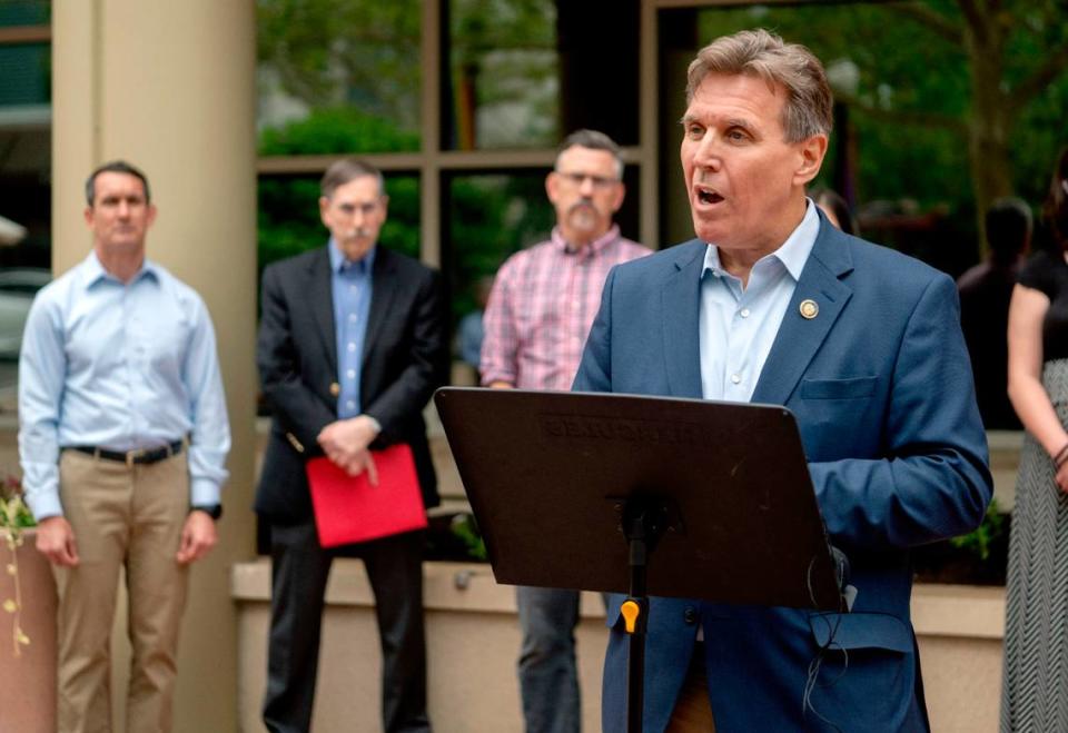 Rep. Paul Takac speaks in support of Centre County’s proposed responsible contracting ordinance during a press conference on Thursday, June 8, 2023 outside of the State College Borough Building. Abby Drey/adrey@centredaily.com