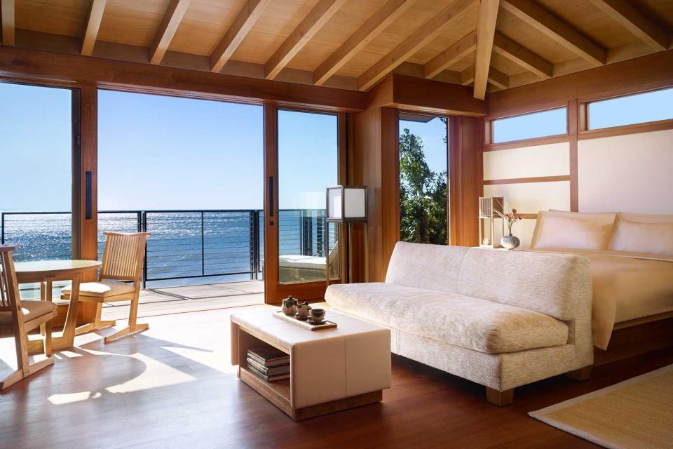 Guest room with water views at Nobu Ryokan Malibu, voted one of the top resorts in the United States