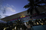 Hard Rock Stadium is shown Thursday, Jan. 30, 2020, in Miami Gardens, Fla., in preparation for the NFL Super Bowl 54 football game. (AP Photo/David J. Phillip)