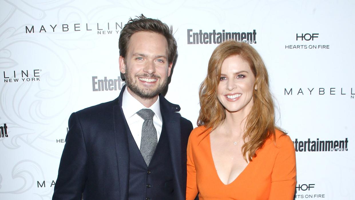 suits patrick j adams sarah rafferty rewatch podcast release date instagram