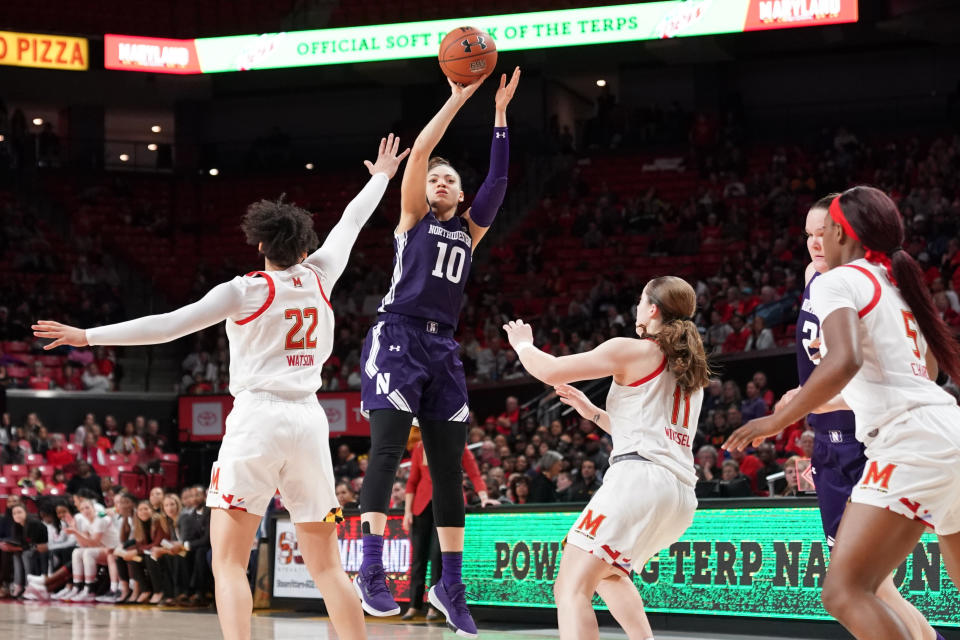 Lindsey Pulliam #10 of the Northwestern Wildcats takes a jump shot during a women's college basketball game against the Maryland Terrapins at the Xfinity Center on January 26, 2020 in College Park, Maryland.  (Photo by Mitchell Layton/Getty Images)