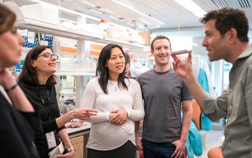 <span class="caption">Priscilla Chan and Mark Zuckerberg with Moshe Biton (right) and Aviv Regev (left). The Chan Zuckerberg Initiative is one of the major funders of the Human Cell Atlas.</span> <span class="attribution"><span class="source">Chan Zuckerberg Initiative</span>, <a class="link " href="http://creativecommons.org/licenses/by-nd/4.0/" rel="nofollow noopener" target="_blank" data-ylk="slk:CC BY-ND;elm:context_link;itc:0;sec:content-canvas">CC BY-ND</a></span>