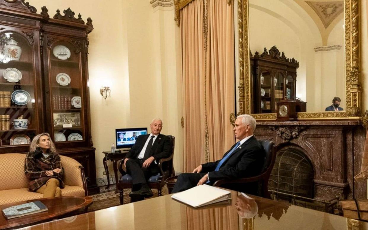 Mike Pence with his family in ceremonial room off Senate floor where he was evacuated in 2021 as US Capitol was attacked - ABC News