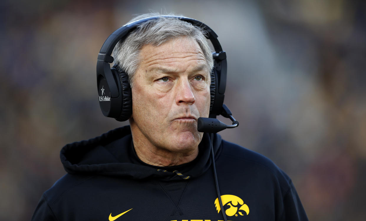 Iowa head coach Kirk Ferentz watches from the sideline during the first half of an NCAA college football game against Purdue, Saturday, Nov. 18, 2017, in Iowa City, Iowa. Purdue won 24-15. (AP Photo/Charlie Neibergall)