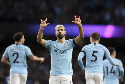 Manchester City’s Sergio Aguero celebrates after scoring his side’s fifth goal in their 6-0 win over Chelsea on 10 February, 2019. (PHOTO: AP/Jon Super)