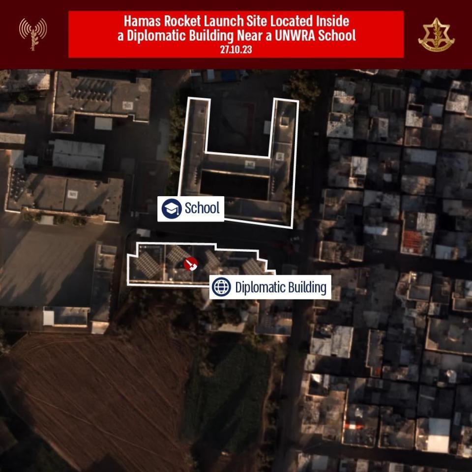 Israel Defense Forces officials say this photo shows a Hamas rocket launch site located in a diplomatic building near a U.N. school in Gaza. / Credit: Israel Defense Forces photo