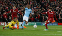 <p>Soccer Football – Champions League Quarter Final First Leg – Liverpool vs Manchester City – Anfield, Liverpool, Britain – April 4, 2018 Liverpool’s Mohamed Salah scores their first goal REUTERS/Andrew Yates </p>