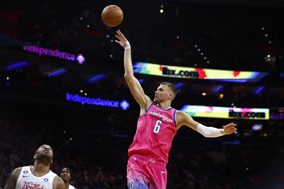 PHILADELPHIA, PA - MARCH 12: Kristaps Porzingis #6 of the Washington Wizards in action against the Philadelphia 76ers during a game at Wells Fargo Center on March 12, 2023 in Philadelphia, Pennsylvania. The 76ers defeated the Wizards 112-93. NOTE TO USER: User expressly acknowledges and agrees that, by downloading and or using this photograph, User is consenting to the terms and conditions of the Getty Images License Agreement. (Photo by Rich Schultz/Getty Images)