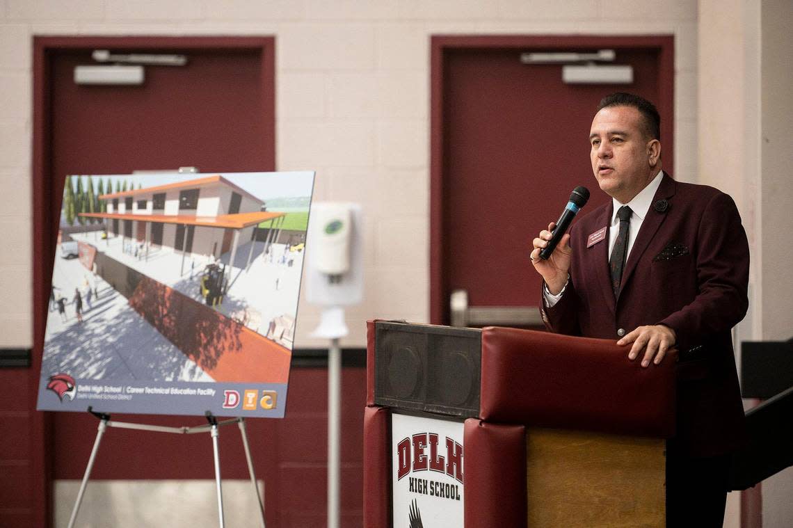 Delhi Unified School District Superintendent Jose Miguel Kubes, speaks during a groundbreaking ceremony for the Delhi Unified School District’s Career Technical Education building on the campus of Delhi High School in Delhi, Calif., on Tuesday, Feb. 21, 2023.