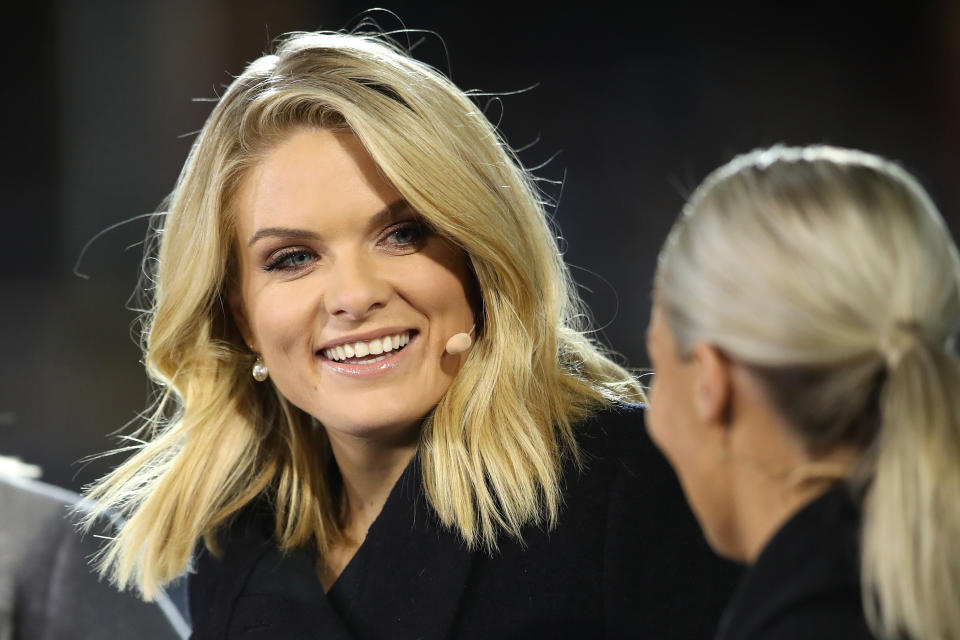 TV presenter Erin Molan laughing before the Women's State of Origin match.