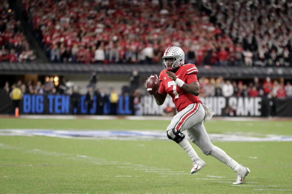 Ohio State quarterback Dwayne Haskins looks to throw during the second half of the Big Ten championship NCAA college football game against Northwestern, Saturday, Dec. 1, 2018, in Indianapolis. (AP Photo/Michael Conroy)