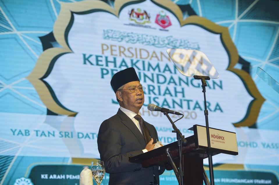 Prime Minister Tan Sri Muhyiddin Yassin speaks during the launch of the 2020 Nusantara Shariah Judicial and Legal Conference in Sepang September 29, 2020. ― Picture by Miera Zulyana