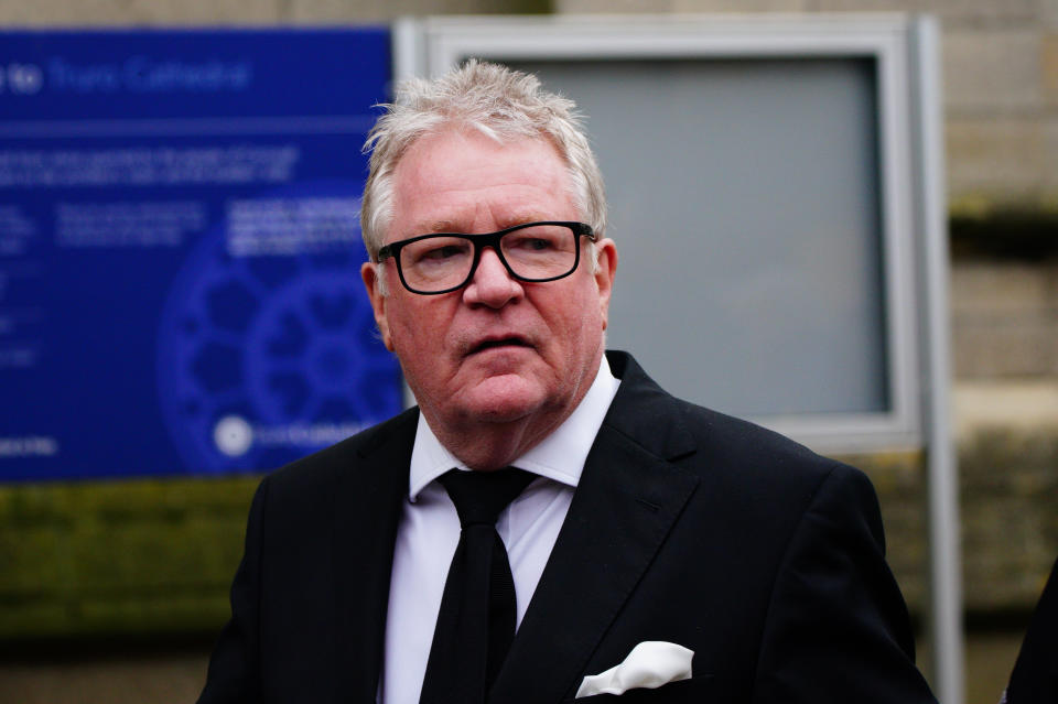 Jim Davidson arrives for the funeral of Cornish comedian Jethro at Truro Cathedral in Cornwall. Jethro, real name Geoffrey Rowe, died on December 14 after contracting Covid-19. Picture date: Monday January 3, 2022.