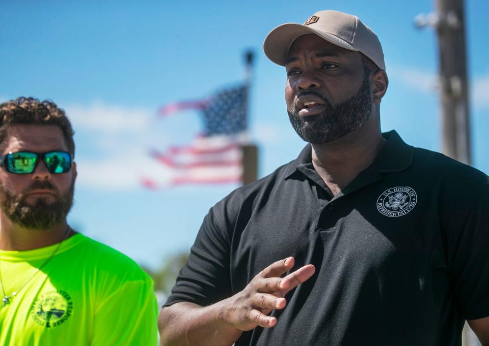 U.S. Congressman Byron Donalds (R-FL) speaks to local media members after participating in a Hurricane Ian marine debris removal tour alongside representatives from AshBritt in St. James City Tuesday, May 2, 2023. Although large quantities of debris have already been removed since Hurricane Ian devastated the area last year, recovery efforts and clean-up continues.  