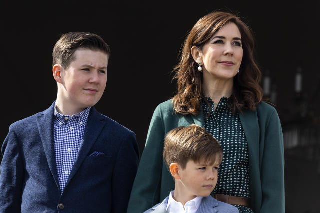 Crown Princess Mary together with Prince Vincent (C) and Prince Christian at the veranda on Marselisborg Castle during changing of the guard on the occasion of the 79 years birthday of Queen Margrethe on April 16, 2019 in AArhus, Denmark. Mraselisborg Castle has been the Queens summer residence since 1967. There is a 13 hectare park to the residence which is open to the public when the Queen is not present. 