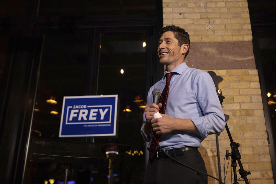 Mayor Jacob Frey gives a speech at the Jefe Urban Cocina restaurant on Tuesday, Nov. 2, 2021 in Minneapolis. Minneapolis Mayor Jacob Frey risked his bid for a second term by opposing a push to replace the city's police department. Voters agreed with Frey on the policing question, but they left the mayor guessing until Wednesday about his own re-election..(AP Photo/Christian Monterrosa)
