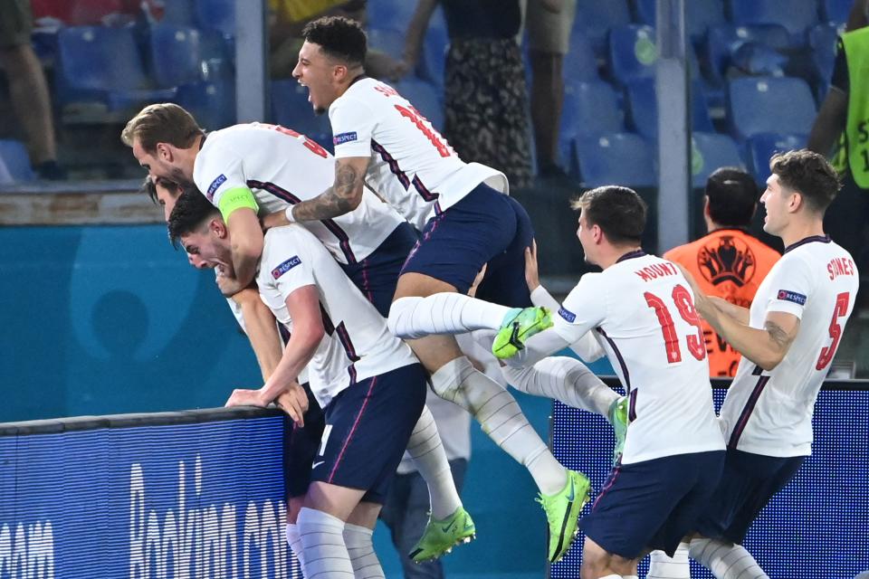 England players celebrate a goal during their UEFA Euro 2020 quarter-final victory against Ukraine on Saturday