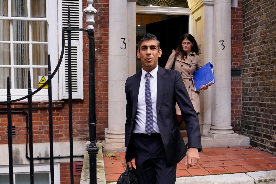 Rishi Sunak leaves a campaign office in London, Monday, Oct. 24, 2022. Sunak, the former British Treasury chief, has been picked by his Conservative Party to replace Liz Truss as prime minister.