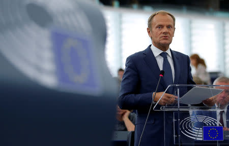 FILE PHOTO: European Council President Donald Tusk delivers a speech during a debate on the outcome of the last June 28-29 EU summit at the European Parliament in Strasbourg, France, July 3, 2018. REUTERS/Vincent Kessler