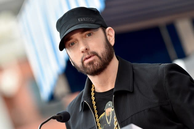 Eminem attends the ceremony honoring Curtis "50 Cent" with a Star on the Hollywood Walk of Fame on January 30, 2020 in Hollywood, California.  - Credit: Axelle/Bauer-Griffin/FilmMagic
