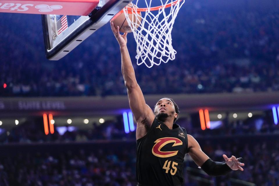 Cavaliers guard Donovan Mitchell goes to the basket in the first half of Game 4 in a first-round playoff series against the Knicks, Sunday, April 23, 2023, at Madison Square Garden in New York.