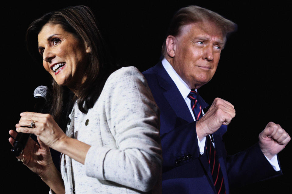 Former United Nations Ambassador Nikki Haley and former President Donald Trump. (Photo illustration: Yahoo News; photos:  Sam Wolfe/Bloomberg via Getty Images, Mike Segar/Reuters)