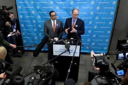 Newly elected Assistant Democratic National Chair, Keith Ellison (L) and newly elected Democratic National Chair, Tom Perez speak with the press during the Democratic National Committee winter meeting in Atlanta, Georgia. February 25, 2017. REUTERS/Chris Berry