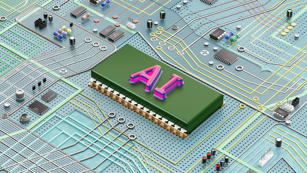  Image of a circuit board with text that reads AI. 