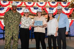 Ingalls Shipbuilding has ceremonially authenticated the keel of Jeremiah Denton (DDG 129). Madeleine Denton Doak and Mary Denton Lewis, ship sponsors and daughters of the namesake, are pictured here with Kari Wilkinson, President of Ingalls Shipbuilding; Roger Wicker, U.S. senator, Mississippi; and Capt. Select Christopher Carroll, U.S. Navy.