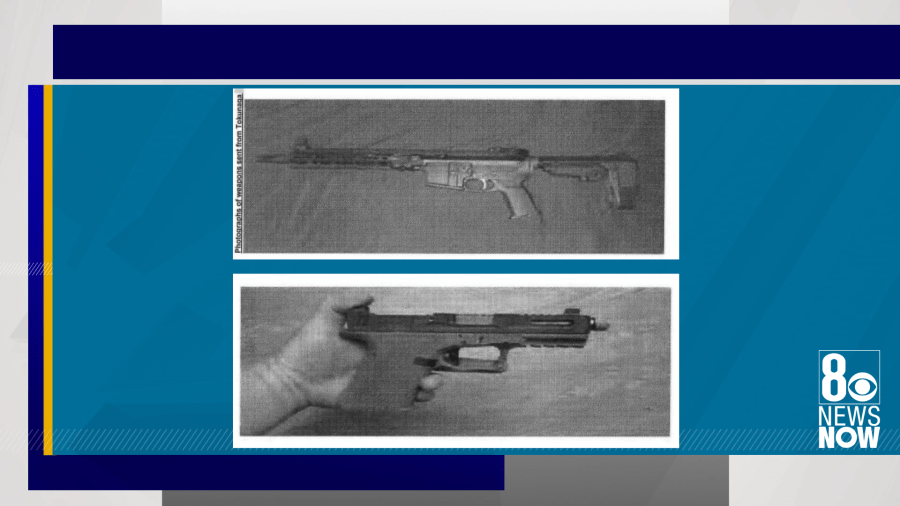 <em>Photos of weapons Bryce Tokunaga allegedly sent to a teenager he is accused of sex trafficking. (LVMPD/KLAS)</em>