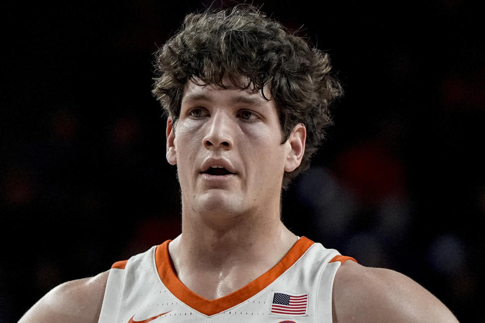 FILE - Clemson center PJ Hall (24) walks on the court during the first half of an NCAA college basketball game against Boston College, Saturday, Jan. 13, 2024, in Clemson, S.C. Hall is a member of the AP All-ACC first team in voting released Tuesday, March 12, 2024.(AP Photo/Mike Stewart, File)