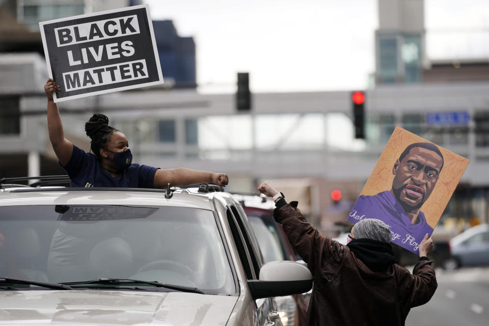 People celebrate after a guilty verdict was announced at the trial of former Minneapolis police Officer Derek Chauvin for the 2020 death of George Floyd, Tuesday, April 20, 2021, in Minneapolis. Chauvin has been convicted of murder and manslaughter in the death of Floyd. (AP Photo/Morry Gash)