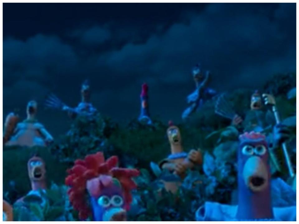 An ominous Ardman character pops up in ‘Chicken Run: Dawn of the Nugget’ (Netflix)