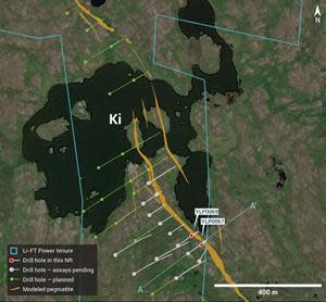 Plan view showing the surface expression of the Ki pegmatites with diamond drill holes reported in this press release.