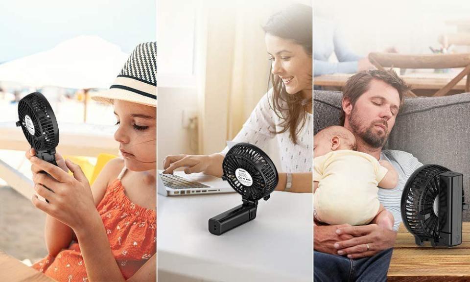 Hold <a href="https://amzn.to/33I1yHv" target="_blank" rel="noopener noreferrer">this portable mini fan</a> by the handle or fold it in half and prop it up on a table for hands-free cooling.  (Photo: Amazon)