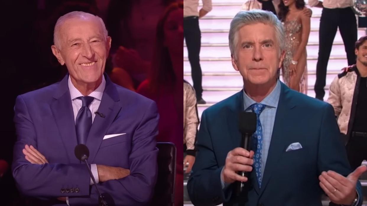  From left to right: Len Goodman smiling on Dancing with the Stars, and Tom Bergeron holing a microphone on Dancing With The Stars 