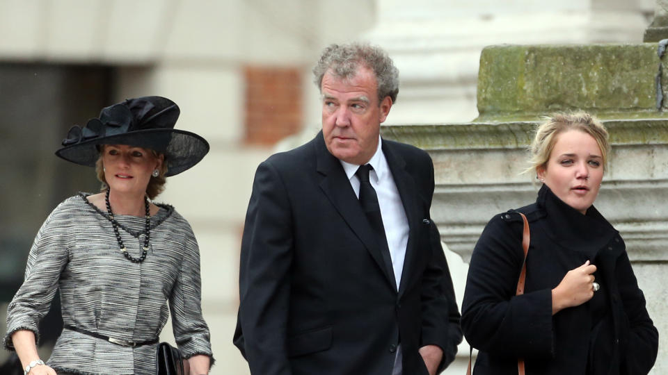 ALTERNATIVE CROP. Lady Lloyd Webber with TV presenter Jeremy Clarkson and his daughter Emily arrive for the funeral service of Baroness Thatcher, at St Paul's Cathedral, central London.